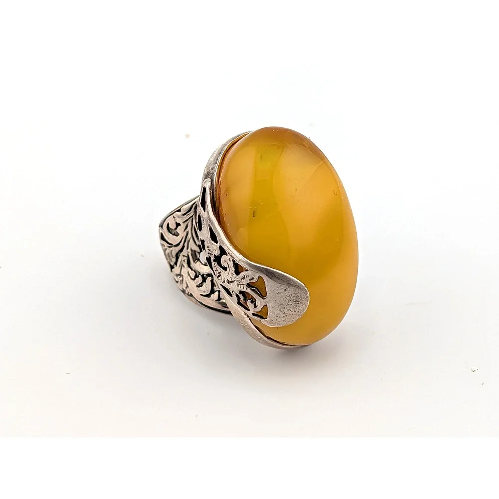 Handmade .925 Sterling Silver Baltic Butterscotch‎ Amber Ring Semi Adjustable